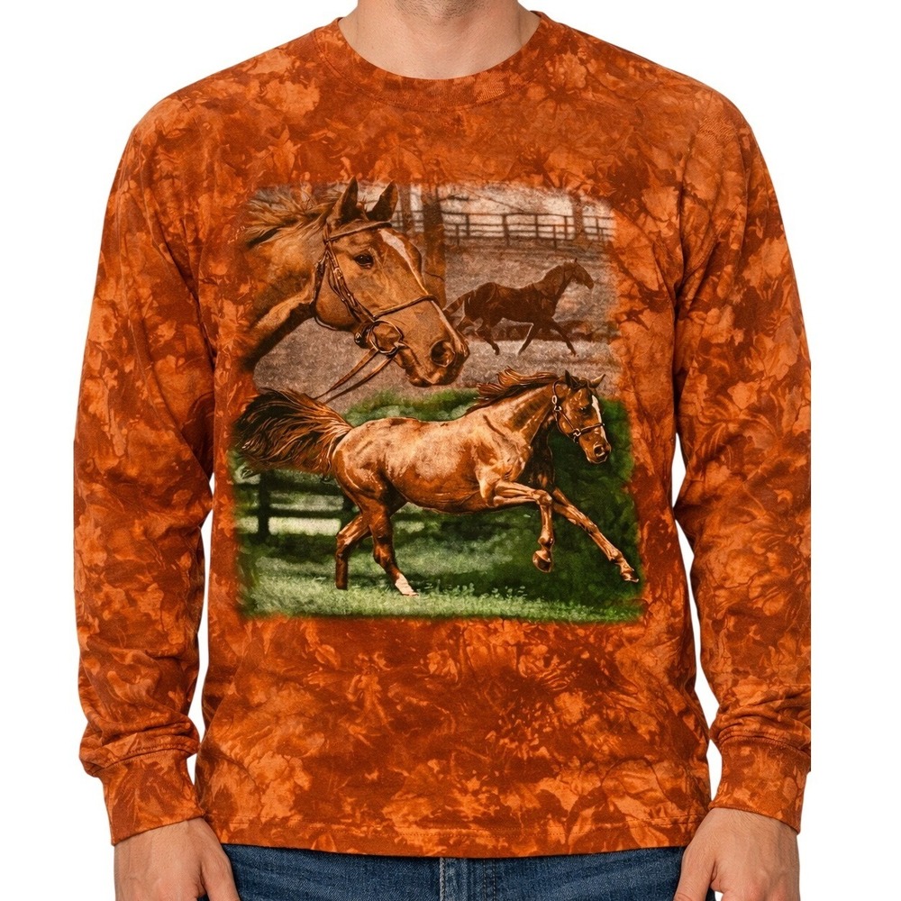 VTG 90s Perrin Horse Graphic Shirt Large Orange Tie Dye Animal Nature Gorpcore